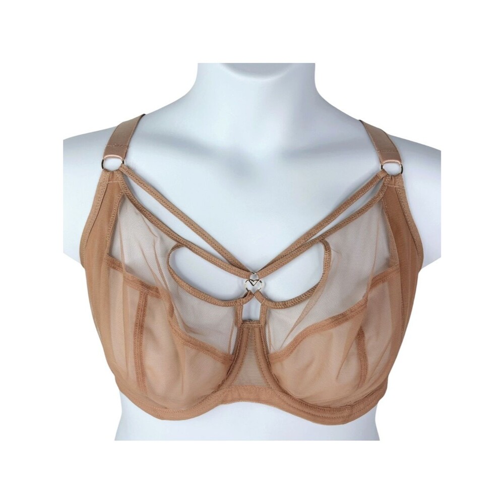 Elomi Sachi Plunge Bra sz 40G * Strappy Cage Bra Cafe au Lait Neutral Nude Tan